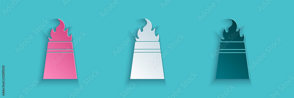 Paper cut Oil rig with fire icon isolated on blue background. Fire accident. Gas tower. Industrial o