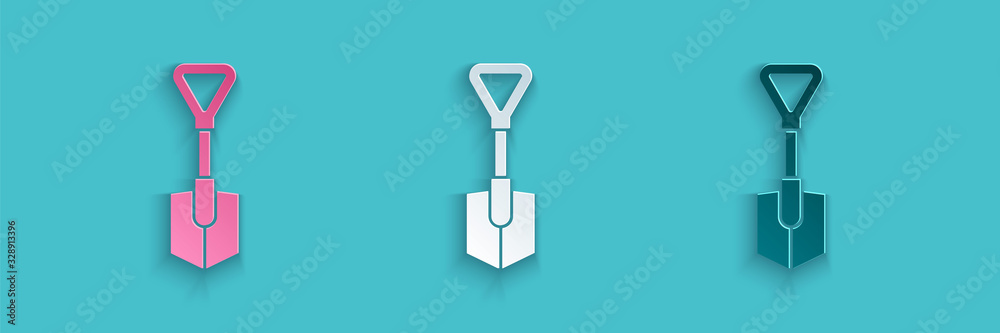 Paper cut Shovel icon isolated on blue background. Gardening tool. Tool for horticulture, agricultur