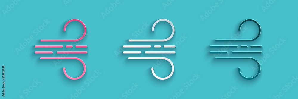 Paper cut Wind icon isolated on blue background. Windy weather. Paper art style. Vector Illustration