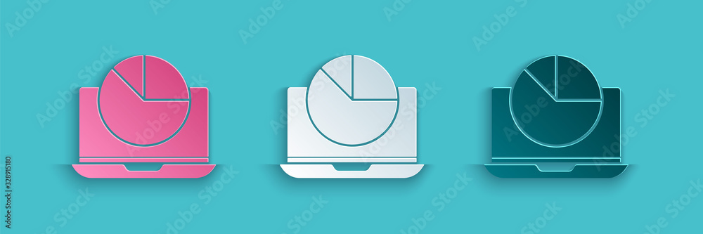 Paper cut Laptop with graph chart icon isolated on blue background. Report text file icon. Accountin