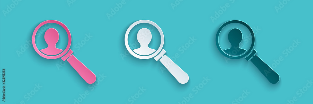 Paper cut Magnifying glass for search a people icon isolated on blue background. Recruitment or sele