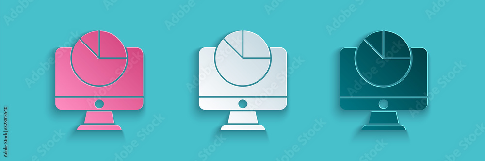 Paper cut Computer monitor with graph chart icon isolated on blue background. Report text file. Acco