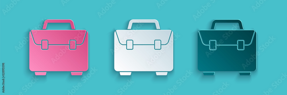 Paper cut Briefcase icon isolated on blue background. Business case sign. Business portfolio. Paper 