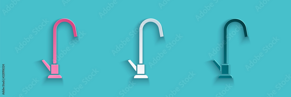 Paper cut Water tap icon isolated on blue background. Paper art style. Vector Illustration