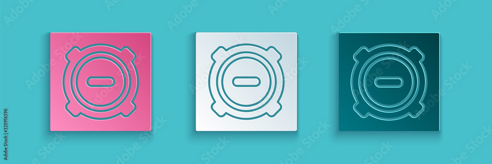 Paper cut Manhole sewer cover icon isolated on blue background. Paper art style. Vector Illustration