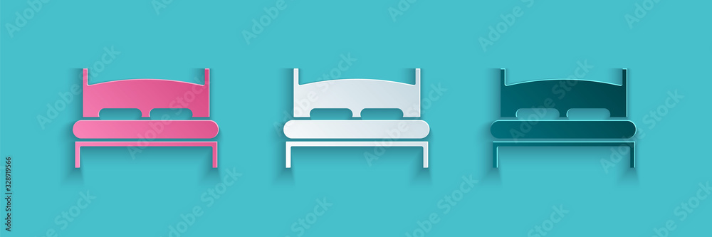 Paper cut Big bed for two or one person icon isolated on blue background. Paper art style. Vector Il