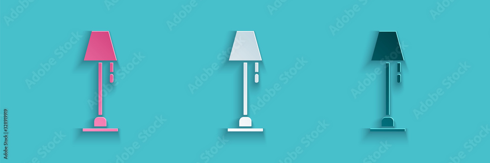 Paper cut Floor lamp icon isolated on blue background. Paper art style. Vector Illustration