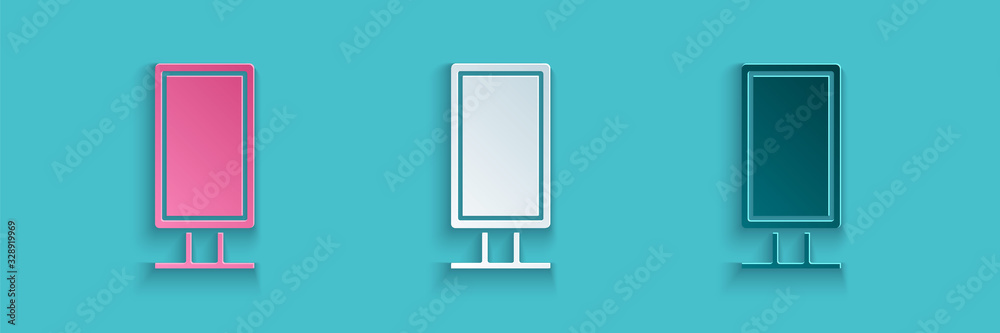 Paper cut Big full length mirror for bedroom, shops, backstage icon isolated on blue background. Pap