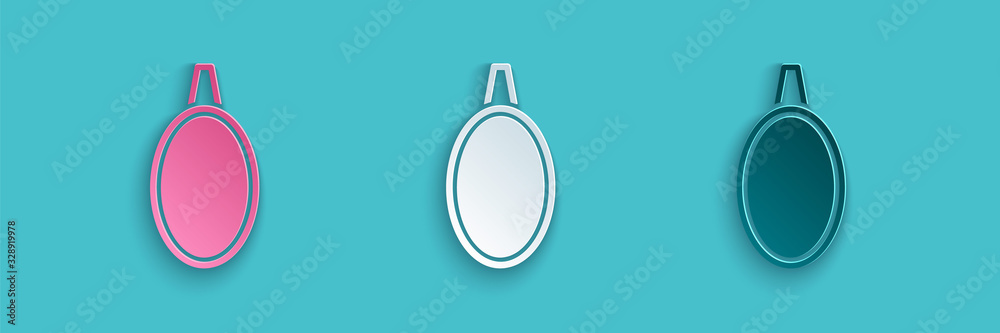 Paper cut Mirror icon isolated on blue background. Paper art style. Vector Illustration