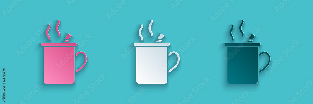 Paper cut Mulled wine with glass of drink and ingredients icon isolated on blue background. Cinnamon