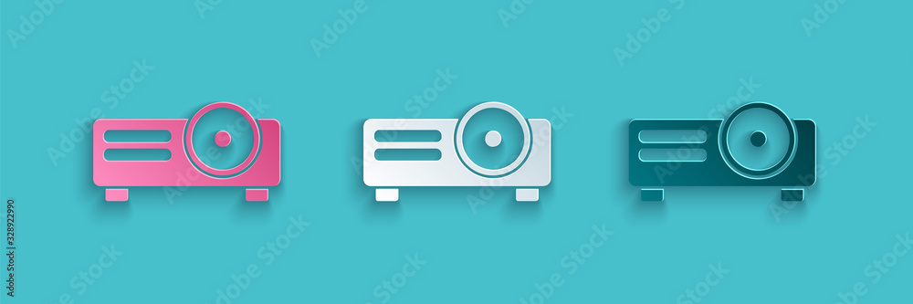 Paper cut Presentation, movie, film, media projector icon isolated on blue background. Paper art sty