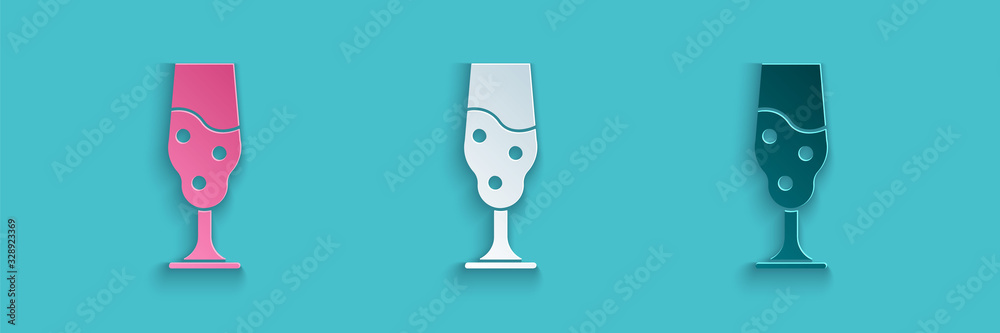 Paper cut Wine glass icon isolated on blue background. Wineglass icon. Goblet symbol. Glassware sign