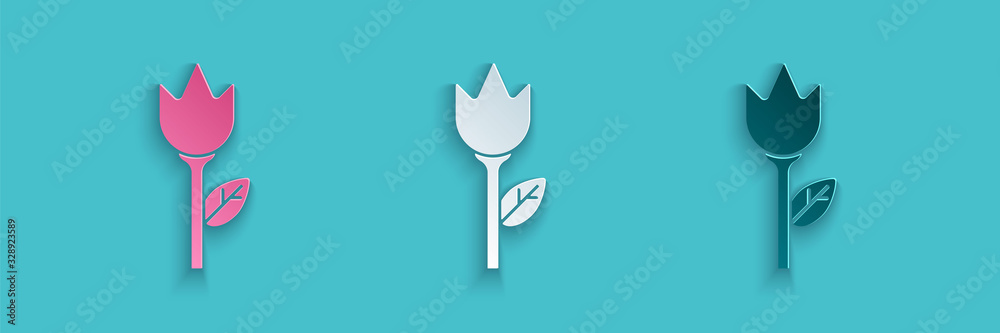 Paper cut Flower tulip icon isolated on blue background. Paper art style. Vector Illustration