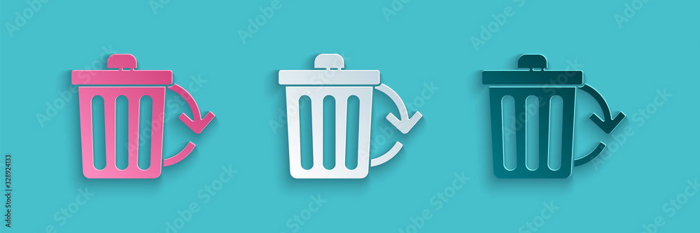 Paper cut Recycle bin with recycle symbol icon isolated on blue background. Trash can icon. Garbage 