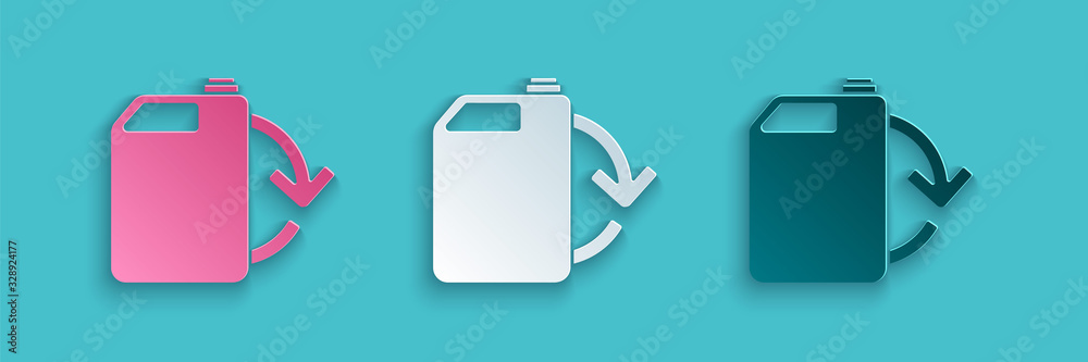 Paper cut Eco fuel canister icon isolated on blue background. Eco bio and barrel. Green environment 