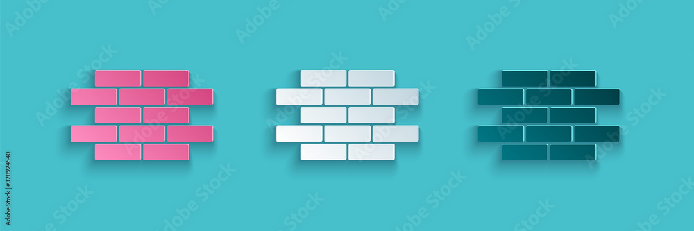 Paper cut Bricks icon isolated on blue background. Paper art style. Vector Illustration