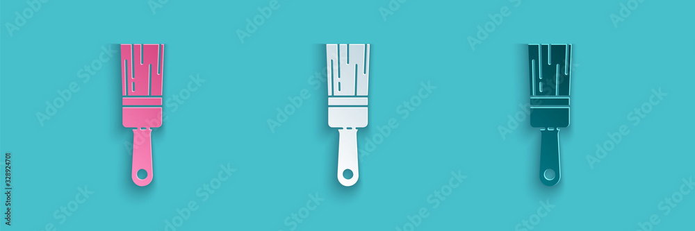 Paper cut Paint brush icon isolated on blue background. Paper art style. Vector Illustration