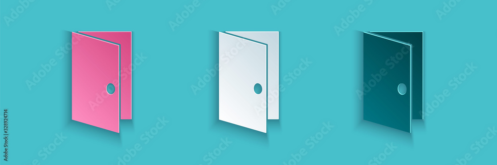 Paper cut Closed door icon isolated on blue background. Paper art style. Vector Illustration