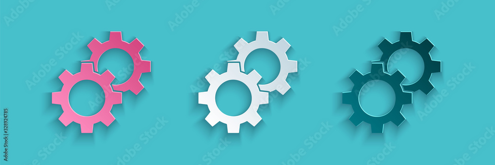 Paper cut Gear icon isolated on blue background. Cogwheel gear settings sign. Cog symbol. Paper art 