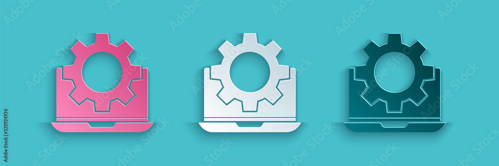 Paper cut Laptop and gear icon isolated on blue background. Adjusting app, setting options, maintena