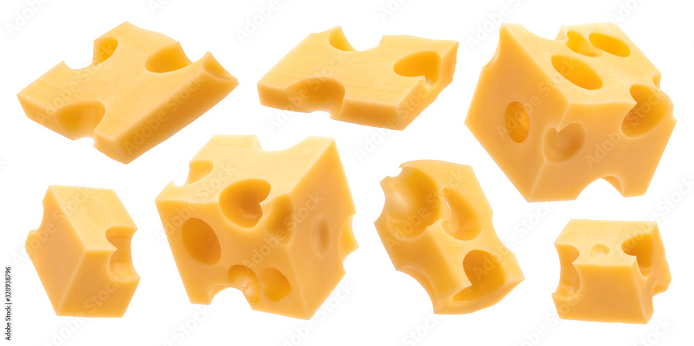 Cheese cubes, pieces of swiss emmental isolated on white background