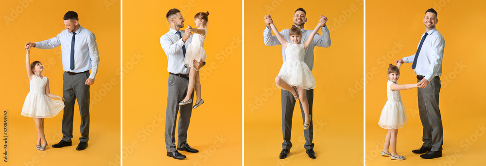 Set of dancing father and his little daughter on color background