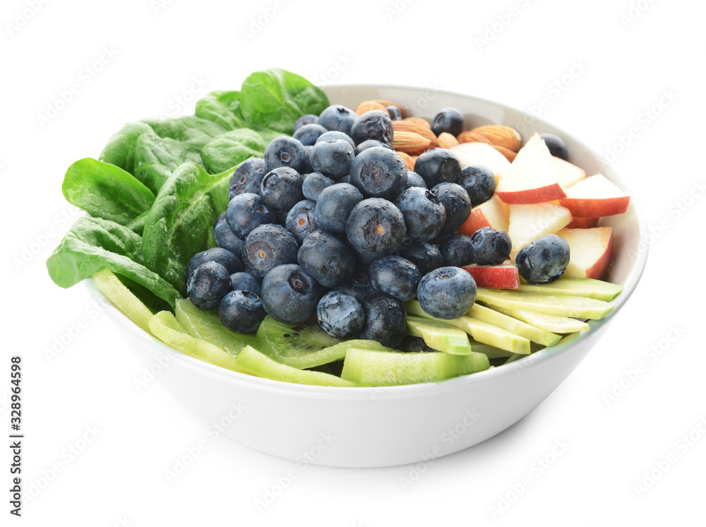 Bowl with tasty salad on white background