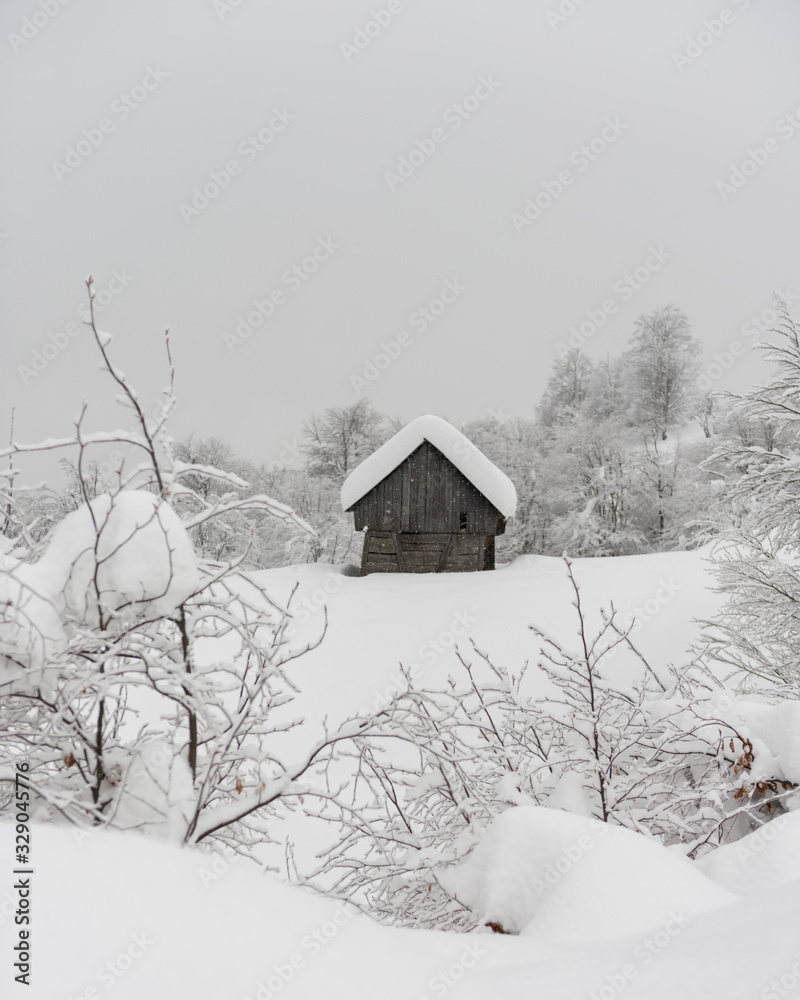 雪山木屋的极简主义冬季景观。多云，景观照片