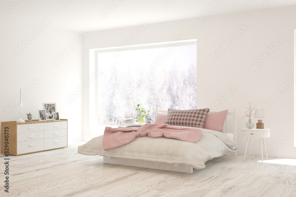 Stylish bedroom in white color with winter landscape in window. Scandinavian interior design. 3D ill