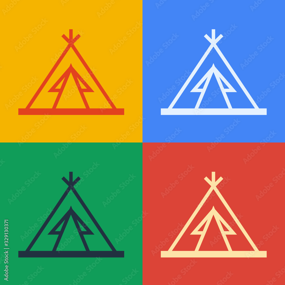 Pop art line Traditional indian teepee or wigwam icon isolated on color background. Indian tent. Vec