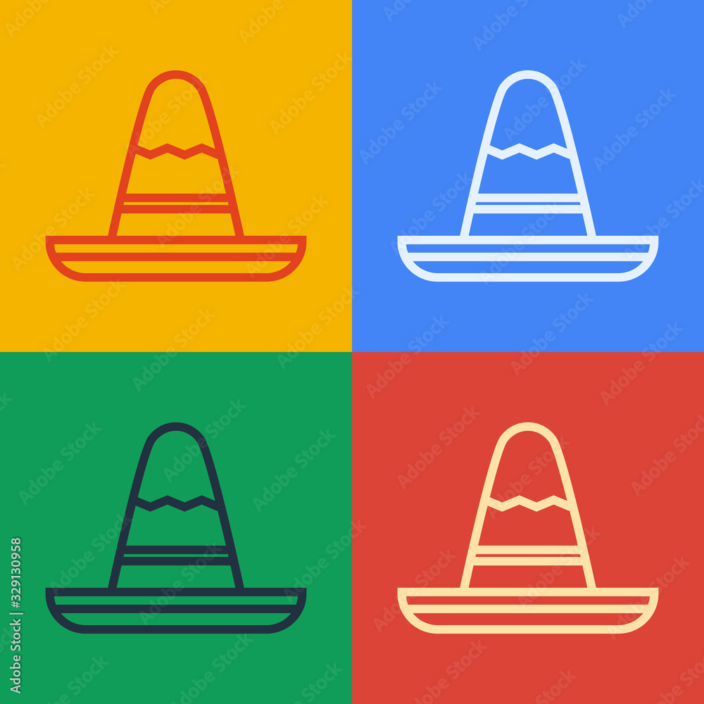 Pop art line Traditional mexican sombrero hat icon isolated on color background. Vector Illustration