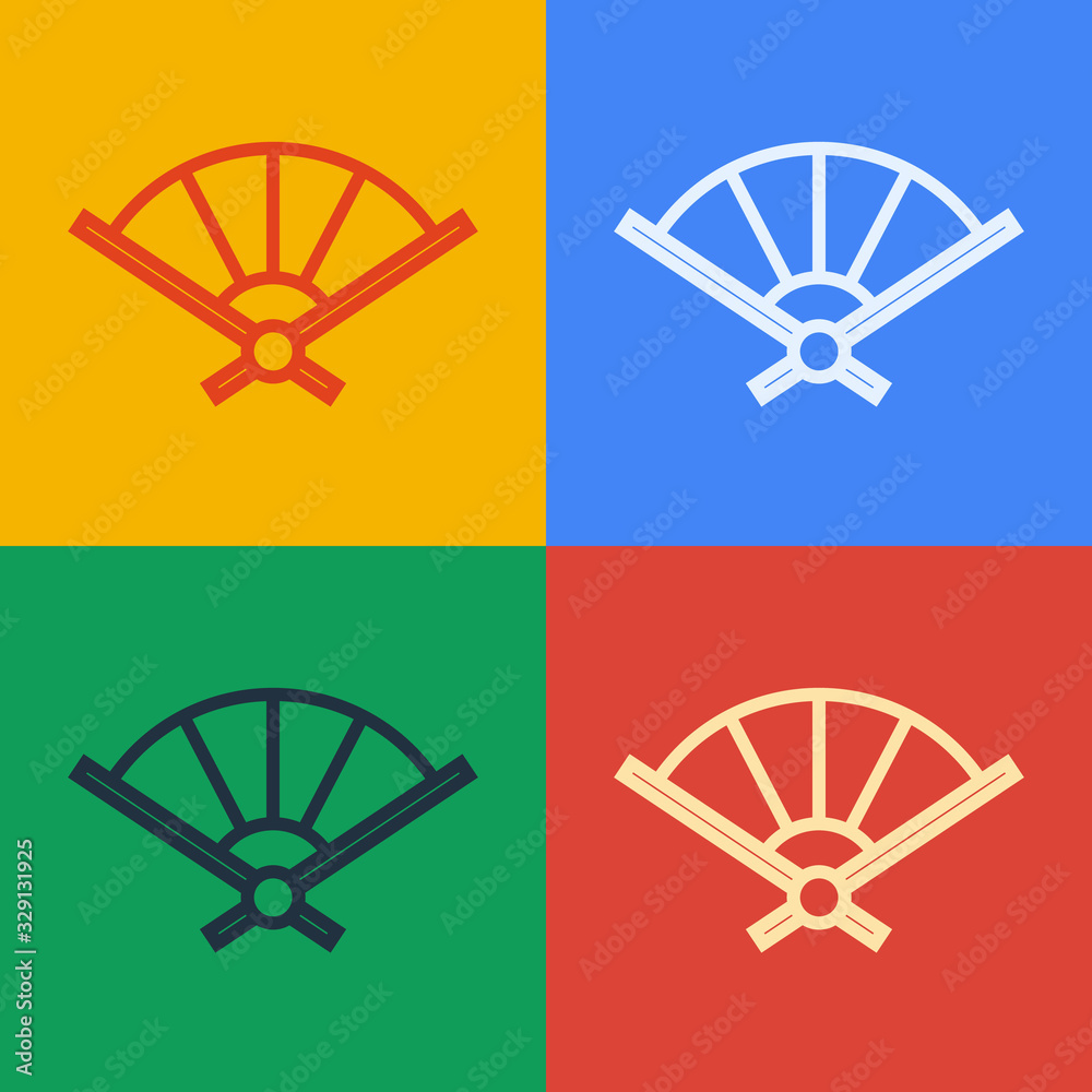 Pop art line Traditional paper chinese or japanese folding fan icon isolated on color background. Ve