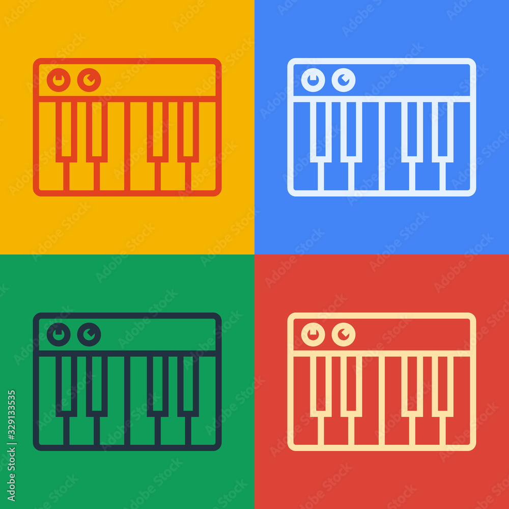 Pop art line Music synthesizer icon isolated on color background. Electronic piano. Vector Illustrat