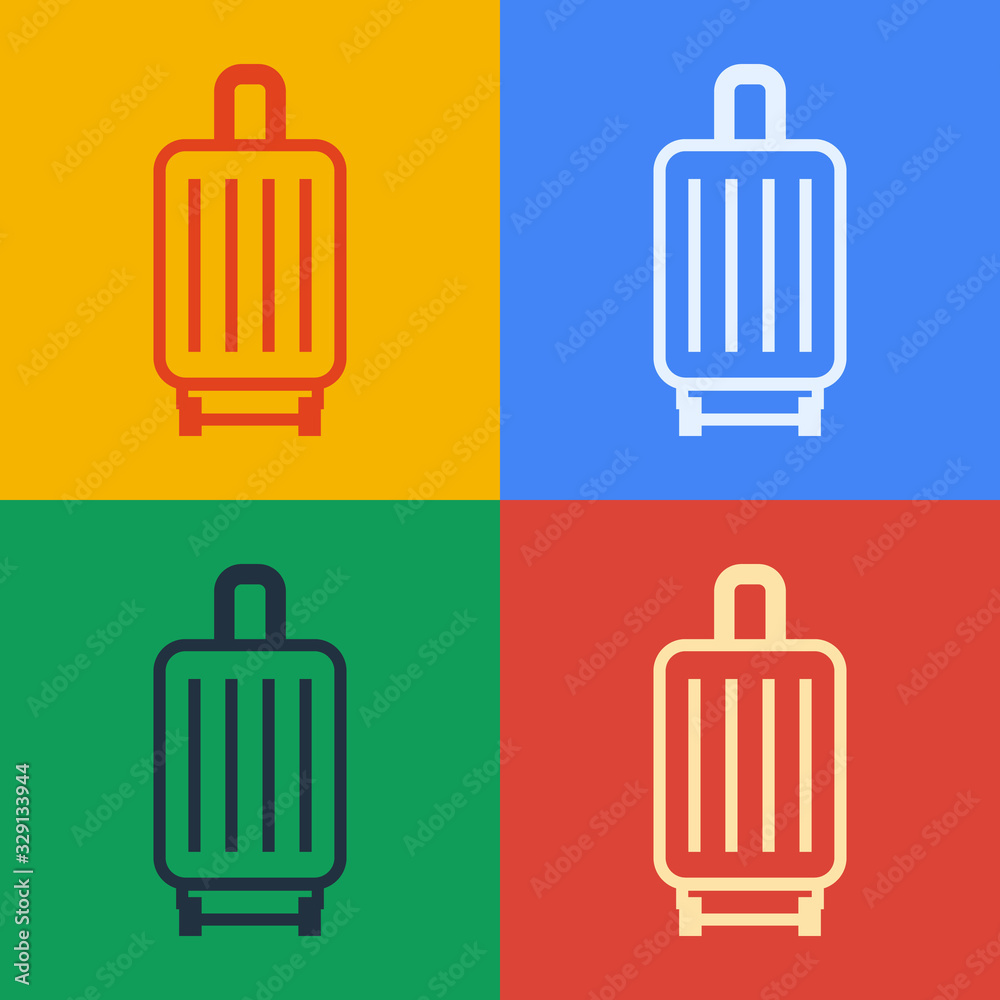 Pop art line Suitcase for travel icon isolated on color background. Traveling baggage sign. Travel l