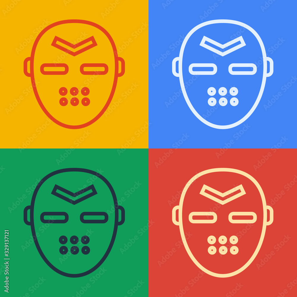 Pop art line Hockey mask icon isolated on color background. Vector Illustration