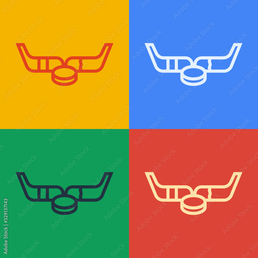 Pop art line Ice hockey sticks and puck icon isolated on color background. Game start. Vector Illust