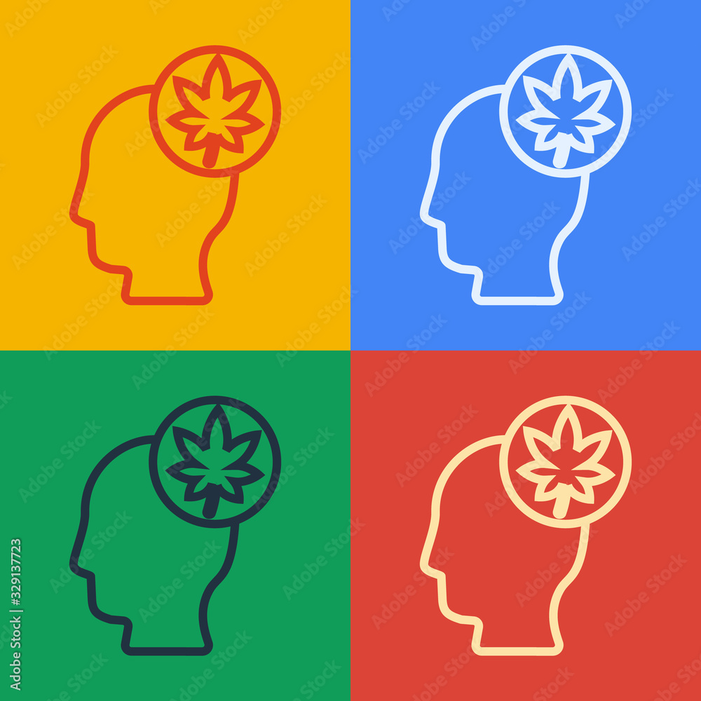 Pop art line Human head with leaf icon isolated on color background. Vector Illustration