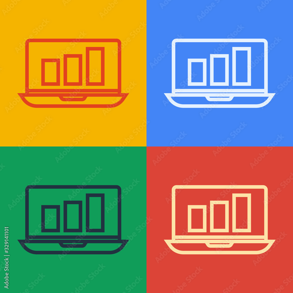 Pop art line Laptop with graph chart icon isolated on color background. Report text file icon. Accou