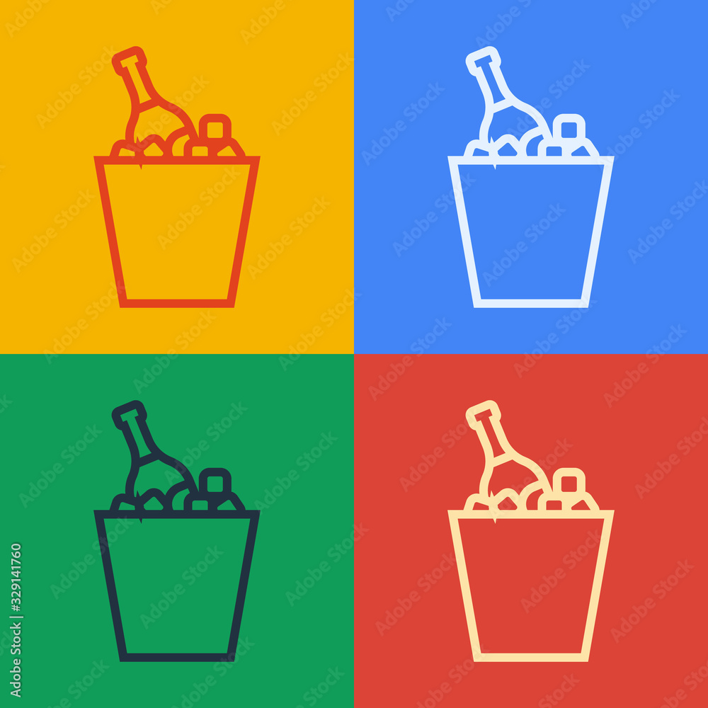 Pop art line Bottle of champagne in an ice bucket icon isolated on color background. Vector Illustra