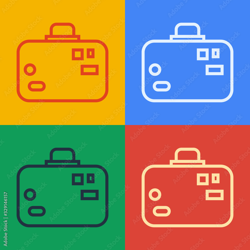 Pop art line Suitcase for travel icon isolated on color background. Traveling baggage sign. Travel l