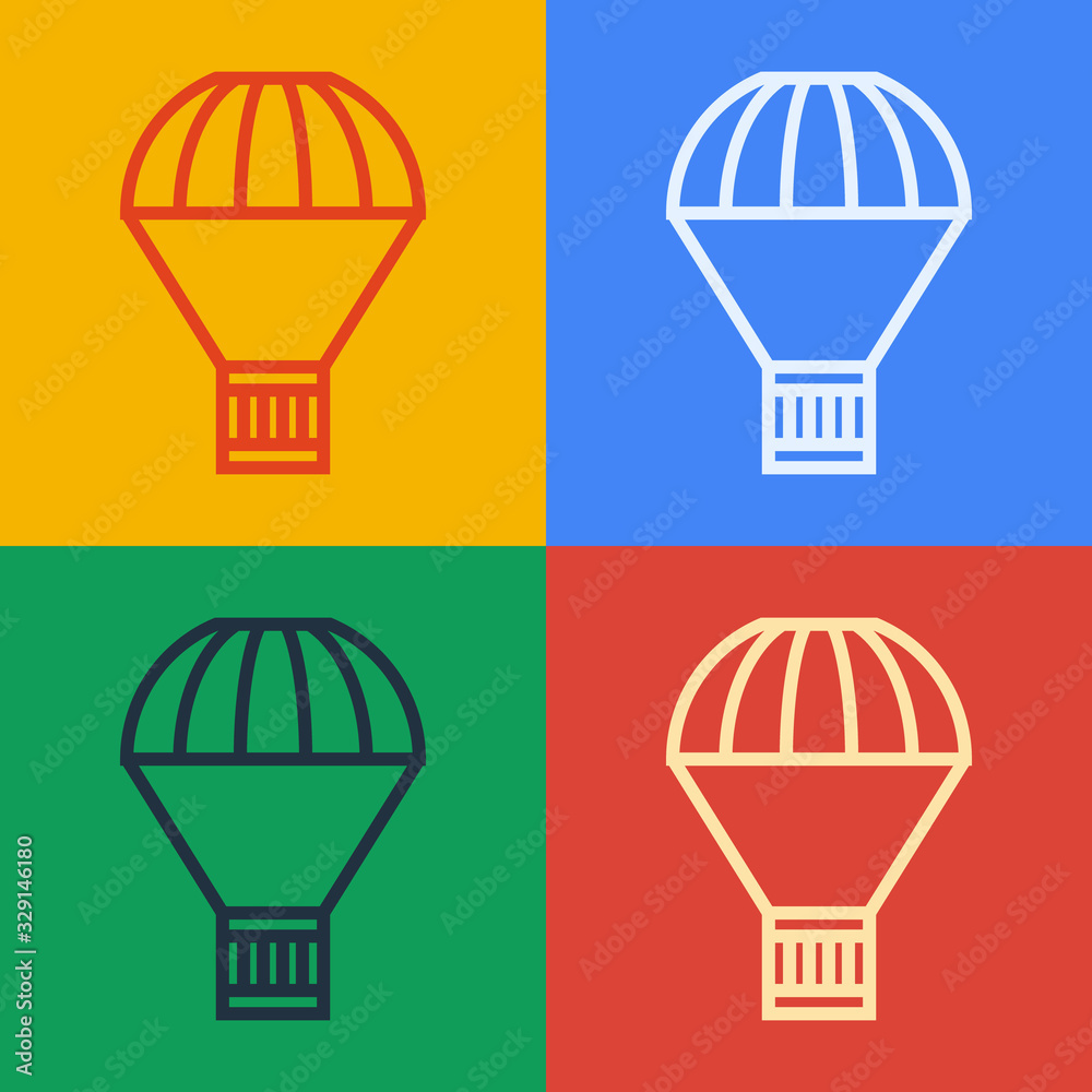 Pop art line Box flying on parachute icon isolated on color background. Parcel with parachute for sh