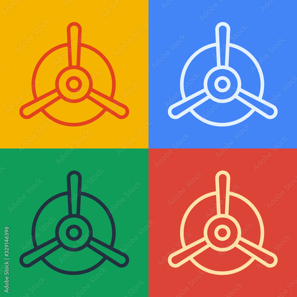 Pop art line Plane propeller icon isolated on color background. Vintage aircraft propeller. Vector I