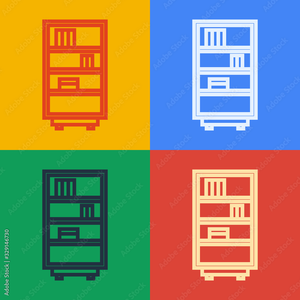 Pop art line Library bookshelf icon isolated on color background. Vector Illustration