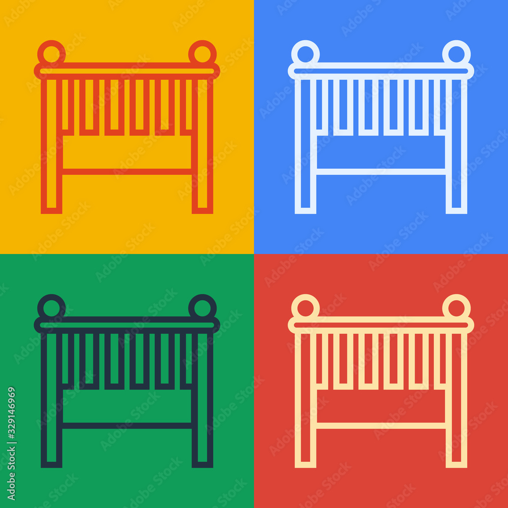 Pop art line Baby crib cradle bed icon isolated on color background. Vector Illustration