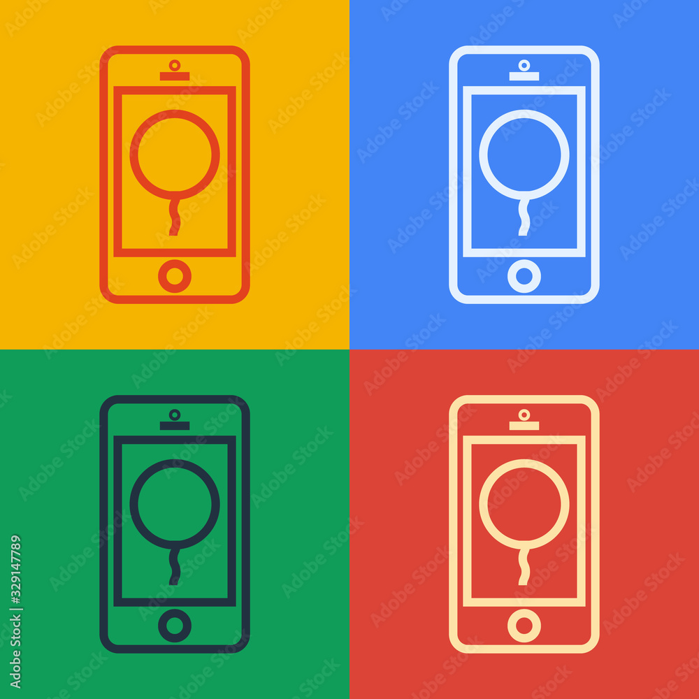 Pop art line Mobile phone with birthday message icon isolated on color background. Vector Illustrati