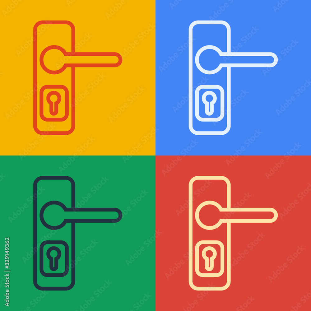 Pop art line Door handle icon isolated on color background. Door lock sign. Vector Illustration