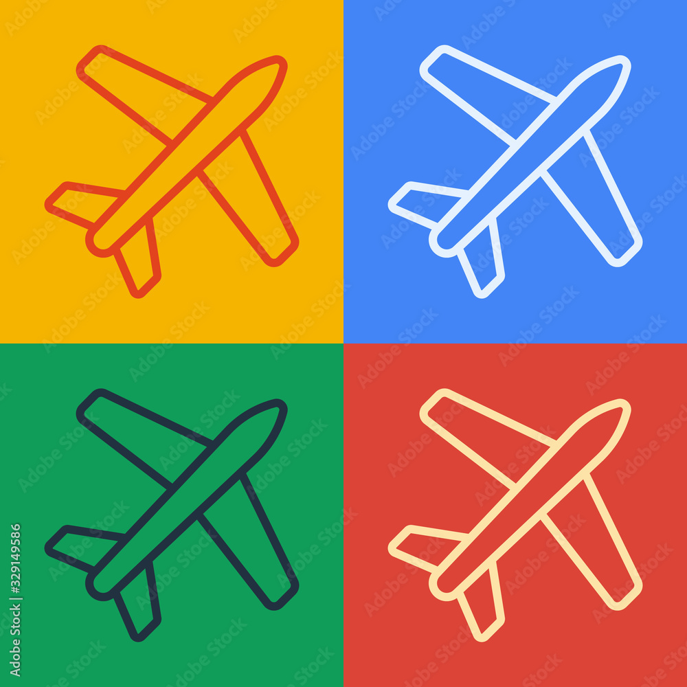 Pop art line Plane icon isolated on color background. Flying airplane icon. Airliner sign. Vector Il