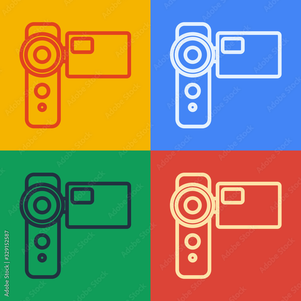 Pop art line Cinema camera icon isolated on color background. Video camera. Movie sign. Film project