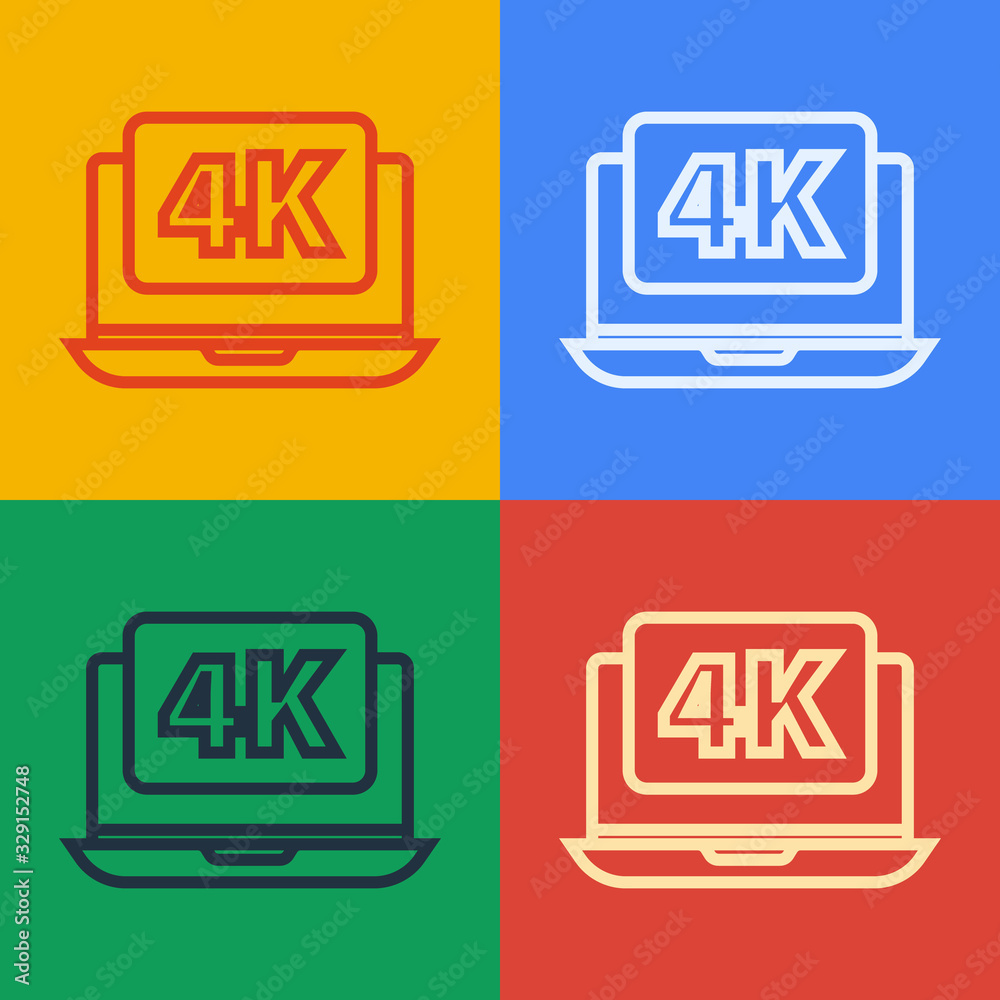 Pop art line Laptop screen with 4k video technology icon isolated on color background. Vector Illust