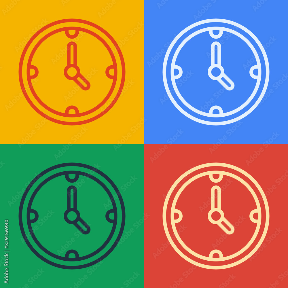 Pop art line Clock icon isolated on color background. Time symbol. Vector Illustration